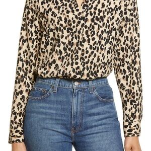 NWOT Halogen Top Womens XSmall Button Up Shirt Long Sleeve Beige Animal Print